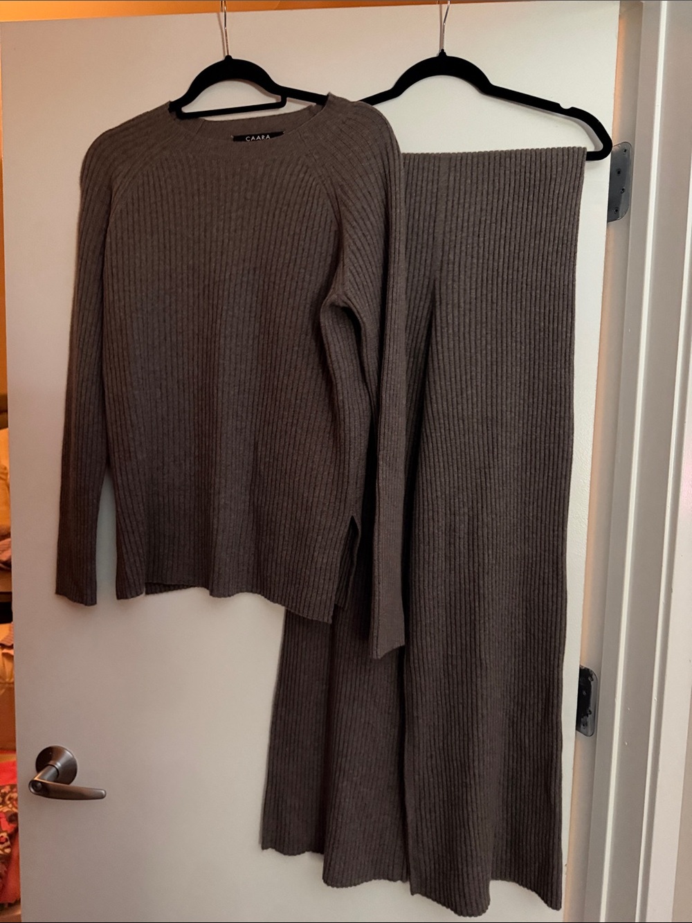 Caara Taupe Ribbed Crewneck Sweater Set